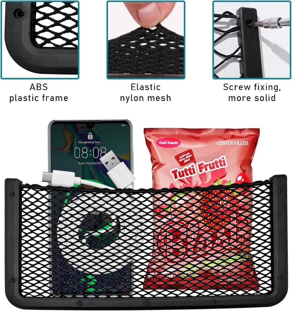 2 PCS Car Storage Net Bag, ABS Plastic Frame Auto Mesh Net Holder with Secure Sc