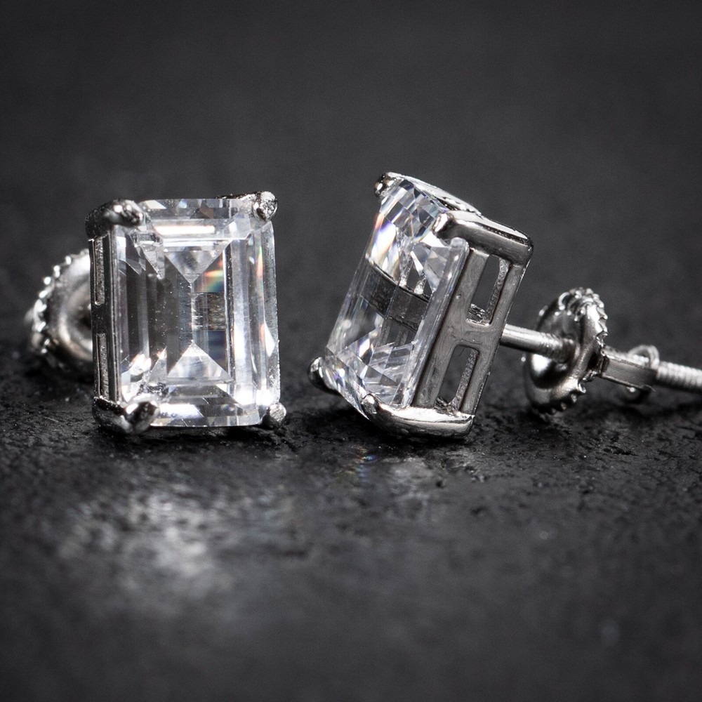 Elegant Emerald Cut 925 Sterling Silver Cz Simulate Screw Back Stud Earrings