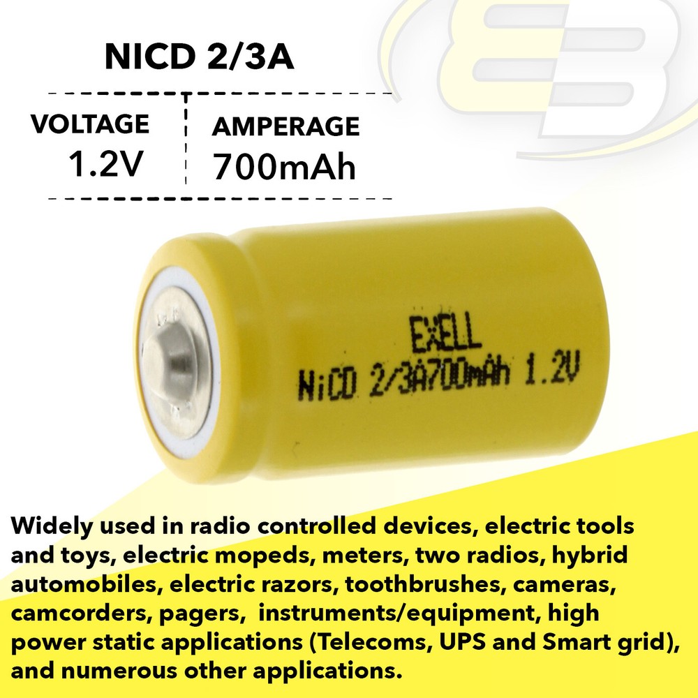 Exell 2/3A Size 1.2V 700mAh NiCD Button Top Rechargeable Battery