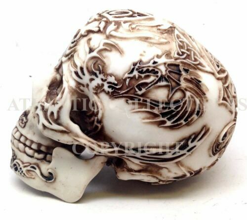 Realistic Looking Resin Skull with Hand Painted Engraved Tattoo Patterns