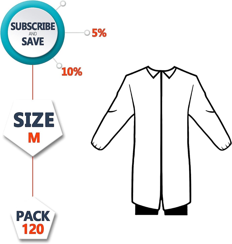 Disposable Lab Coats - Pack of 120 White Medium Adult Polypropylene