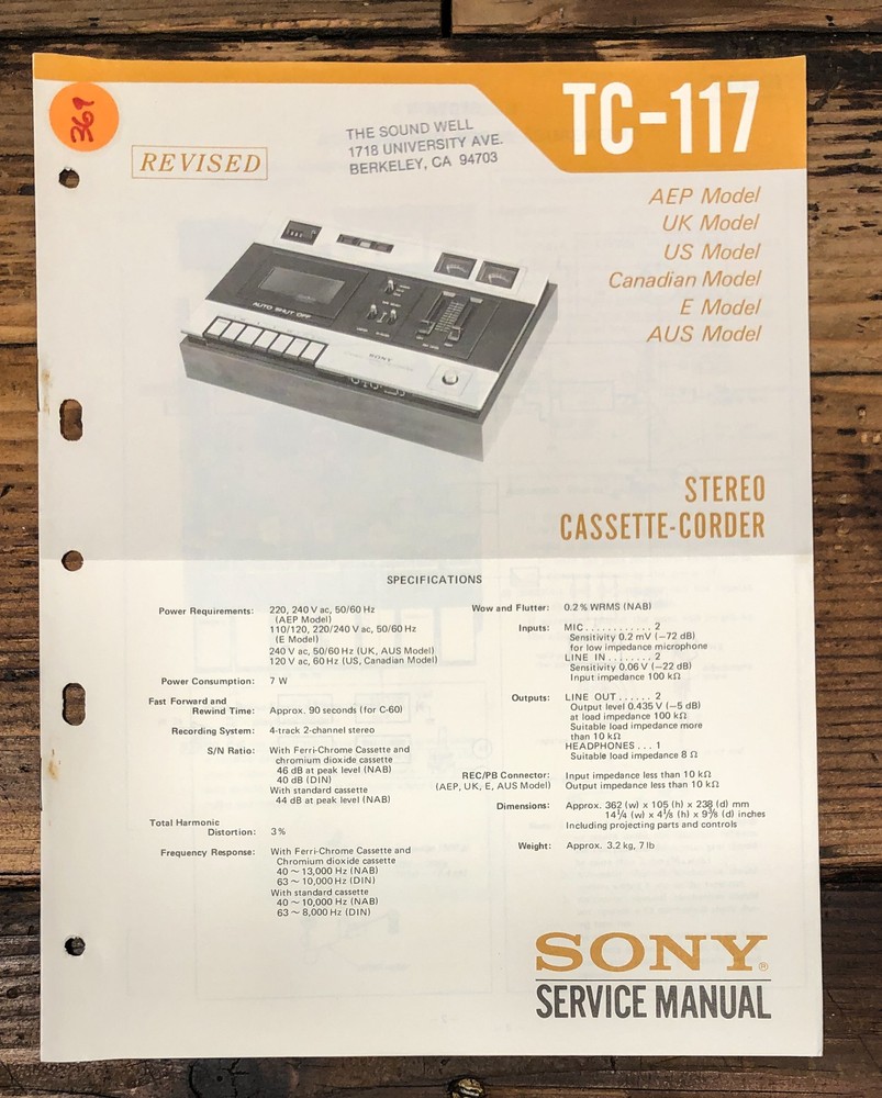 Sony TC-117 Cassette RevisedService Manual *Original*