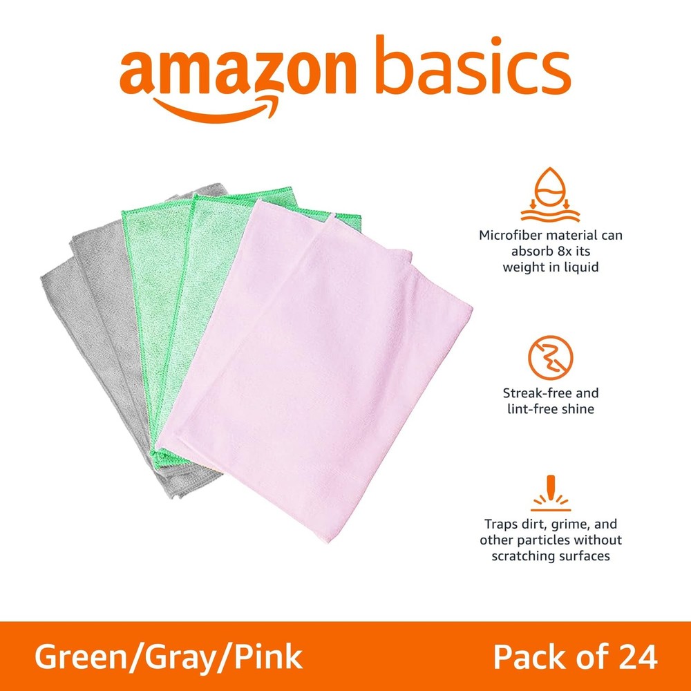 Amazon Basics Microfiber Cleaning Cloths, Ultra-Soft 24-Pack, Green/Gray/Pink