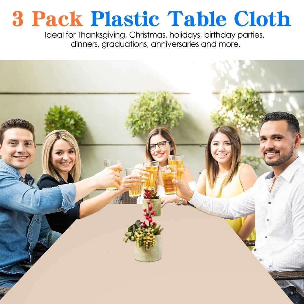 3 Pack Beige Plastic Tablecloth Disposable Rectangular Table Cloth 54 x 108 I...