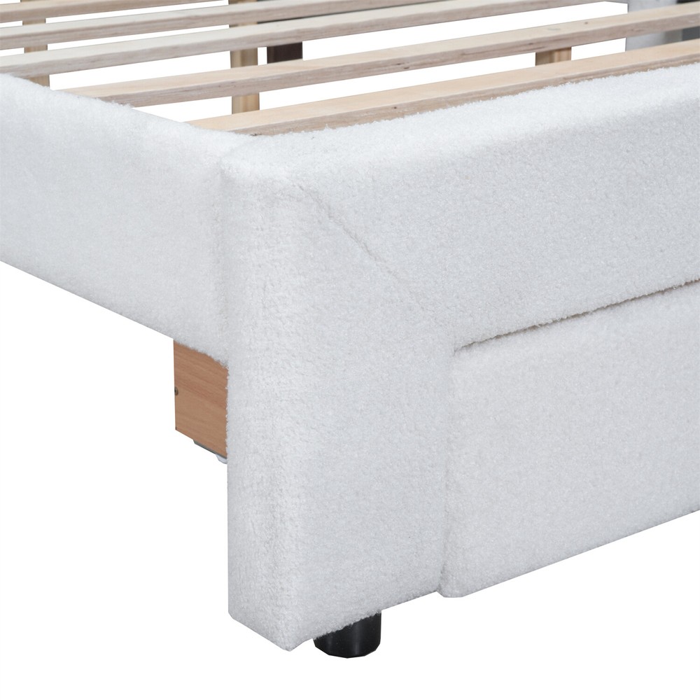 Queen Size Bed Frame Upholstered Platform Bed w/ Drawers White/Beige/Gray