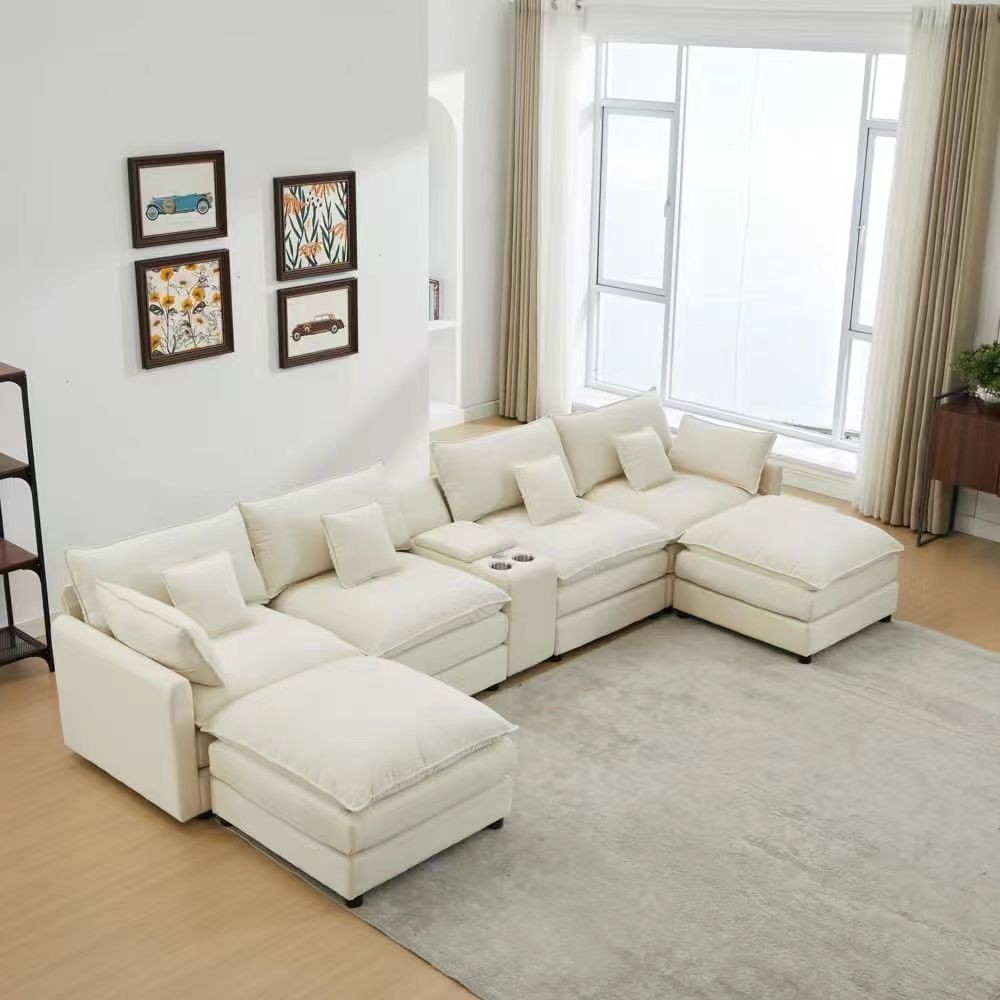 145" U Shaped Sectional Sofa Cloud Couch W/ Console USB Charging Port Cup Holder