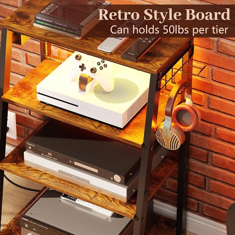 Audio Rack Stand USB Ports Adjustable Shelves LED Light Storage Solution