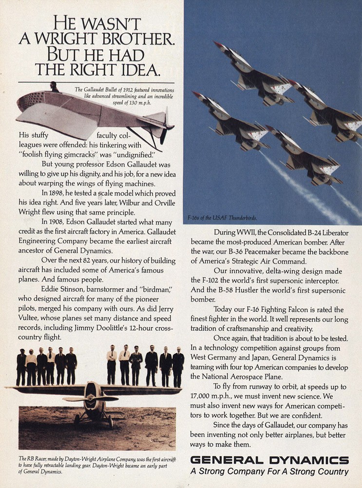 1990 General Dynamics: He Wasn’t a Wright Brother Vintage Print Ad