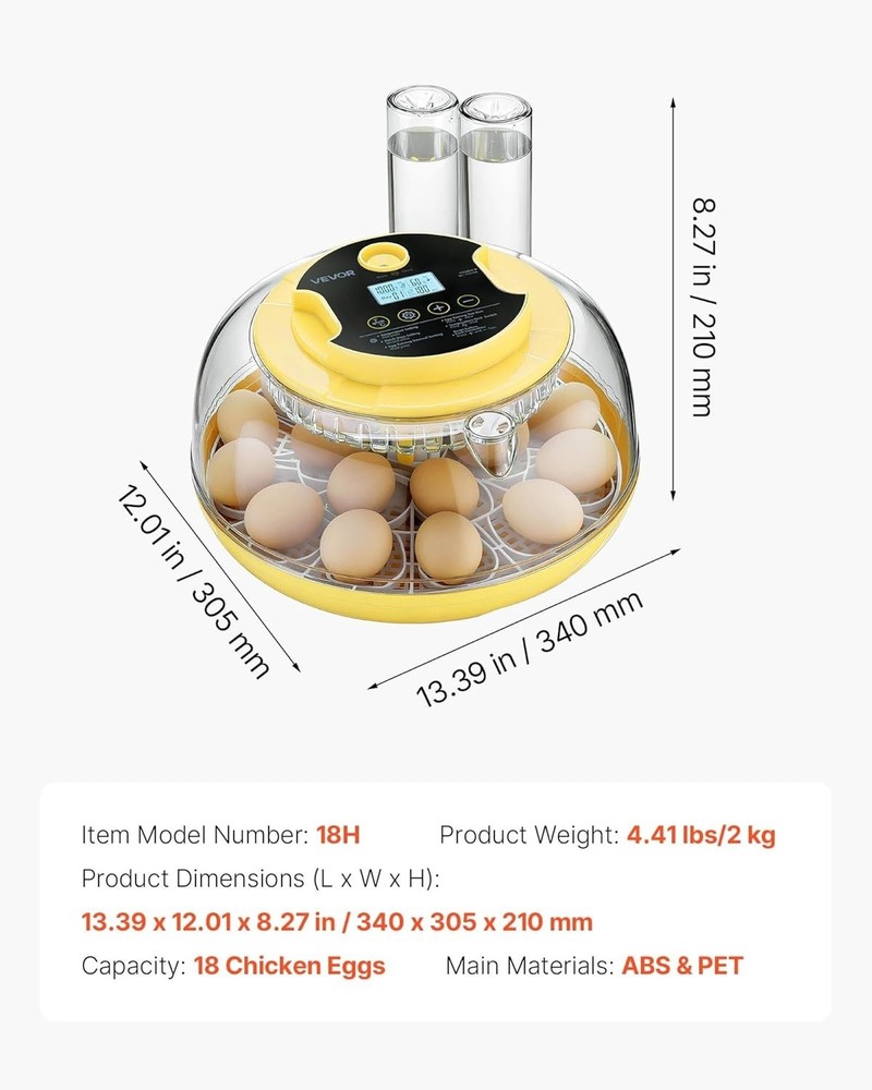18 Egg Incubator, Automatic Egg Turner with LED Candler, Temperature & Humidi...