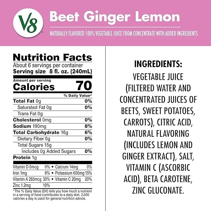 V8 Beet Ginger Lemon 100% Vegetable Juice 46 fl oz Bottle