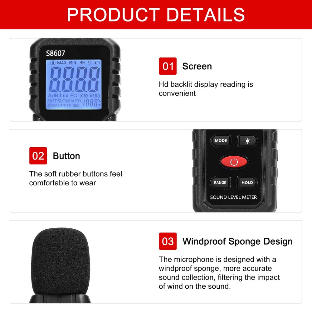 Decibel Meter S9607 Sound Level Meter with 2.25” Backlit LCD Screen