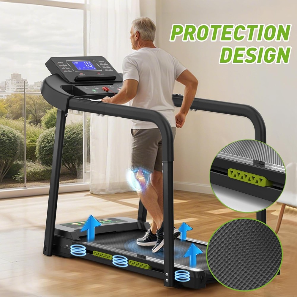 Seniors Walking Pad Treadmill with Extended Handrails Deck 300LBS Capacity Black