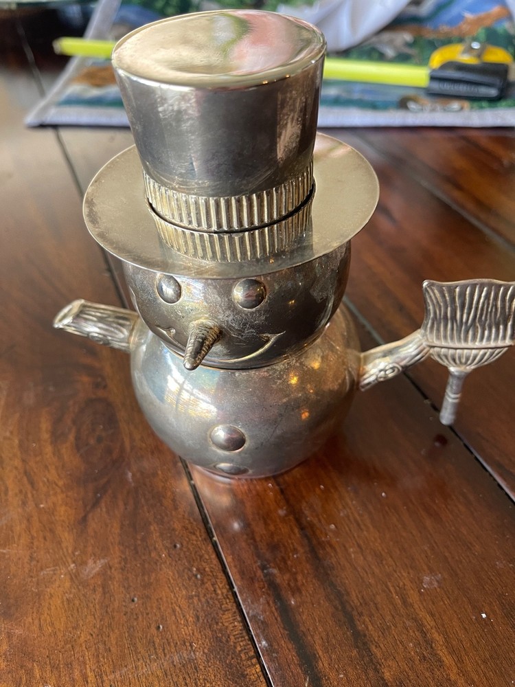 Snowman Creamer And Sugar 3 Piece Set Stackable Silver Plated Vintage