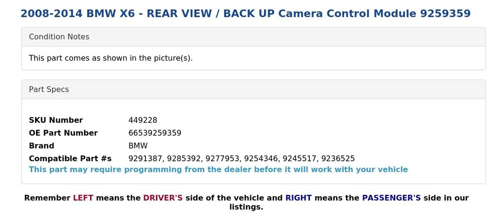 2008-2014 BMW X6 - REAR VIEW / BACK UP Camera Control Module 9259359