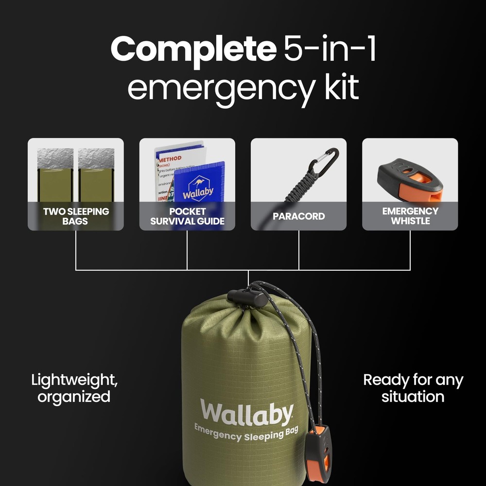 Wallaby 2Pack Emergency Mylar Sleeping Bags with Nylon Pouches, Whistle Pull ...