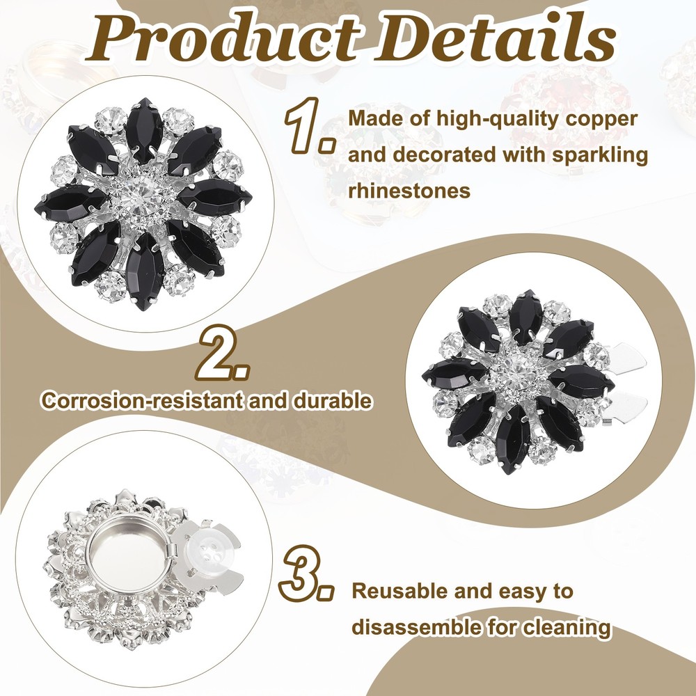 6 Pcs Rhinestone Button Covers, Marquise Buttons, Black/Silver