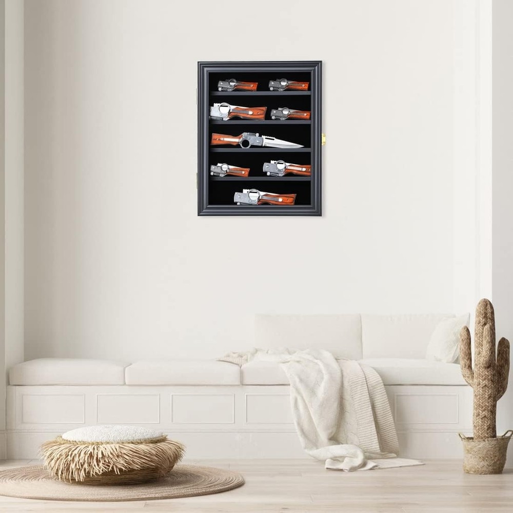 Knife Display Case Lockable Shadow Box Cabinet Wall Mount Pocket Knife Storage