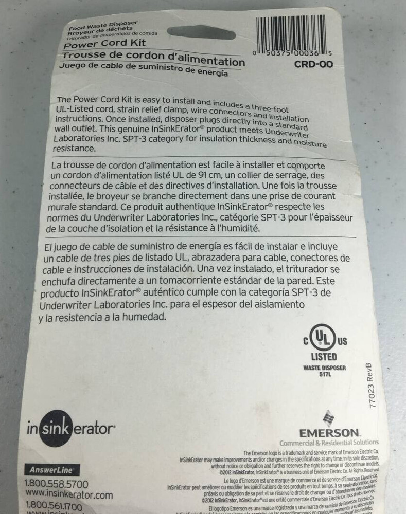 Power Cord Accessory Kit InSinkErator CRD-00 New