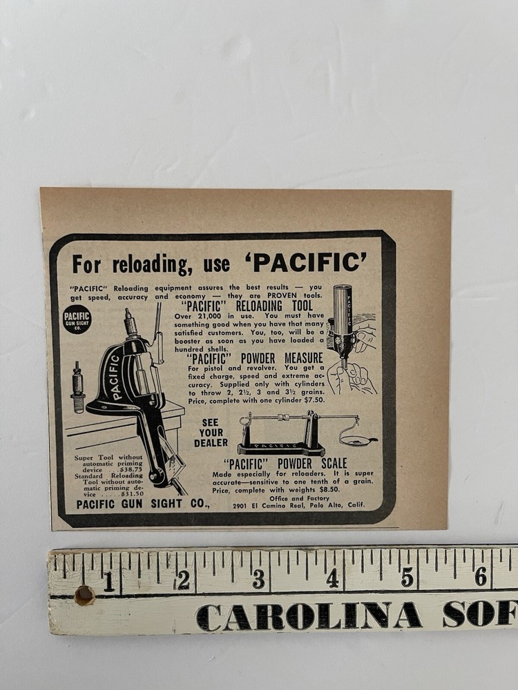Vintage 1950 Print Ad Pacific Gun Sight Co. Pacific Reloading Tools Ad Only