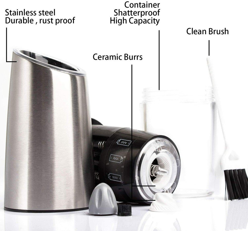 Electric Mill Salt & Pepper Grinder Gravity Sensor Stainless Steel One Hand Held