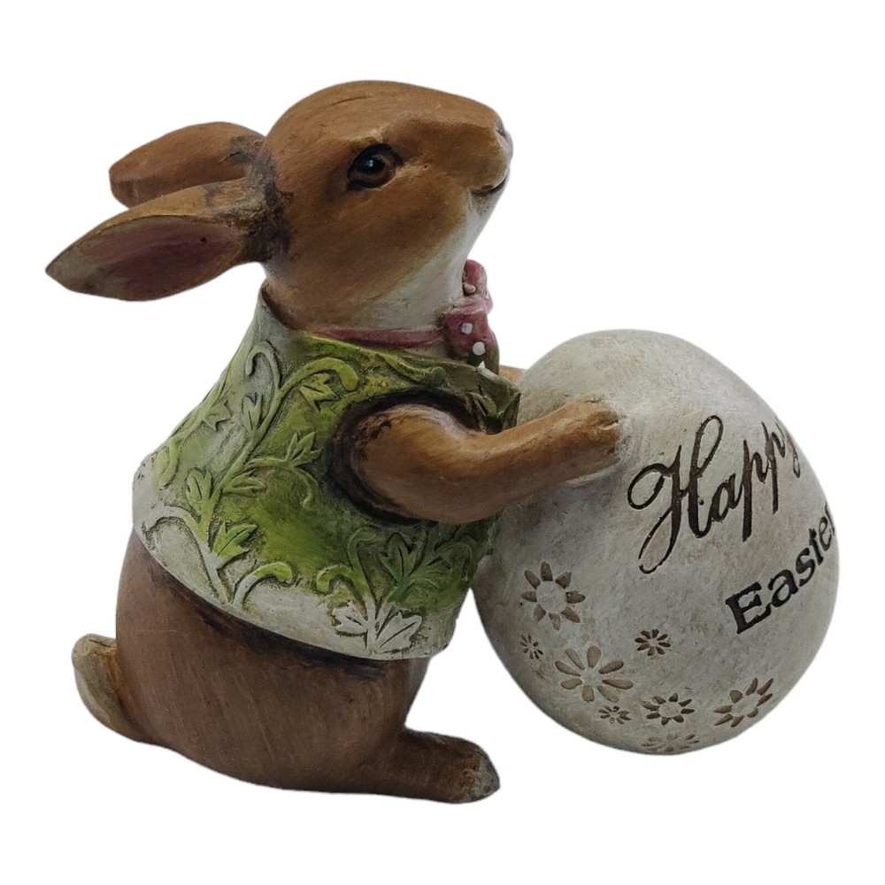 Resin Bunny Rabbit Figurine w Egg Happy Easter