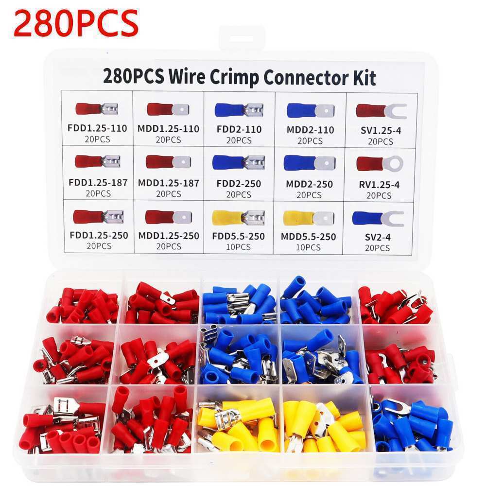 280 x Assorted Insulated Electrical Wire Terminal Crimp Connector Spade Kit Set