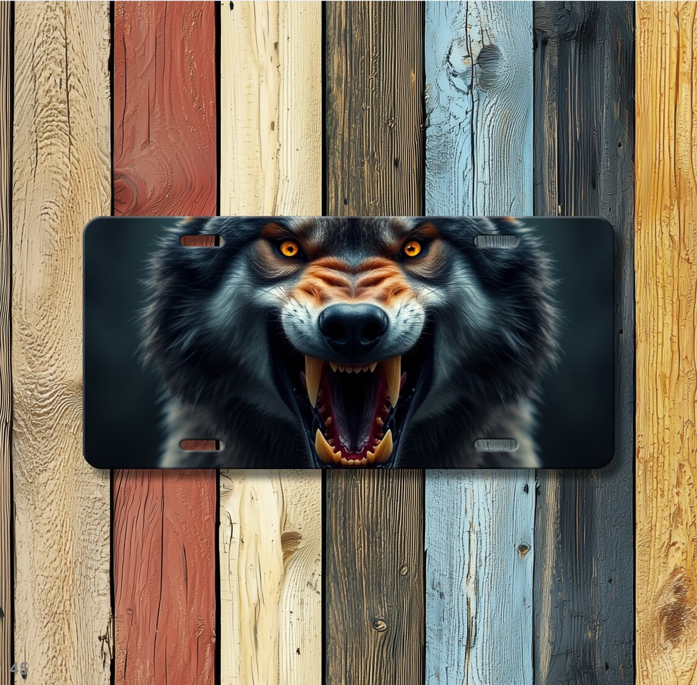 Hyperrealistic Wolf License Plate with Fangs Custom Front Plate Gift Idea