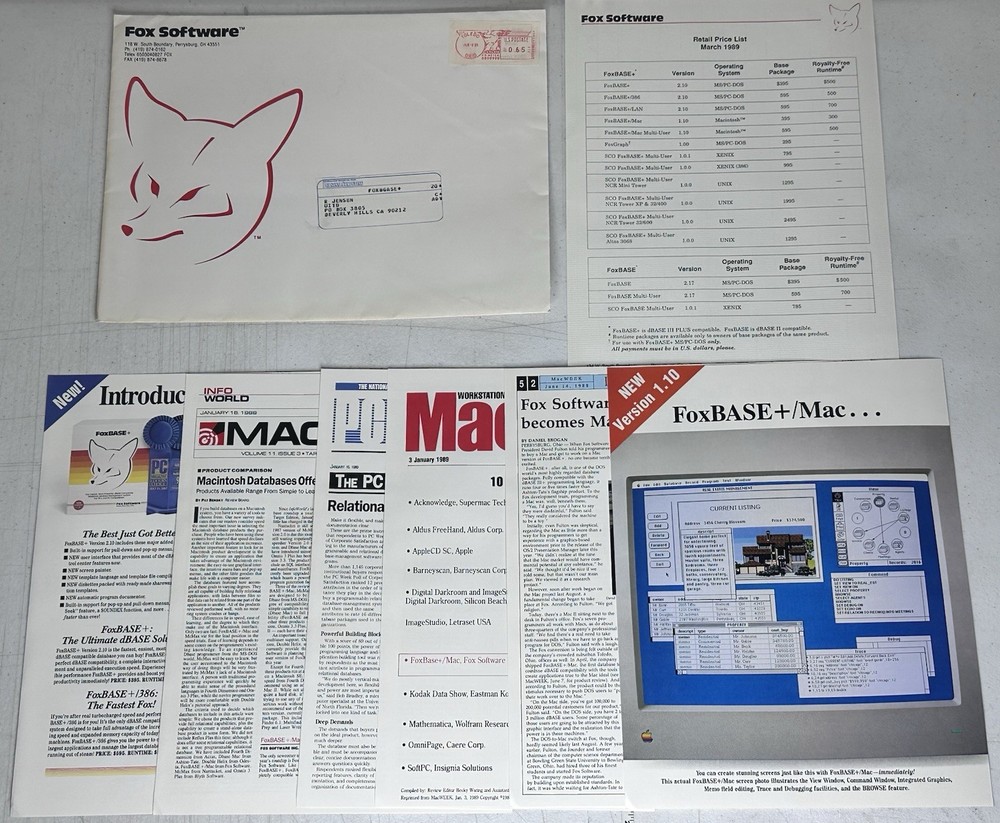 1989 FoxBASE+ Mac PC Price List Promo Pack Fox Software Database History