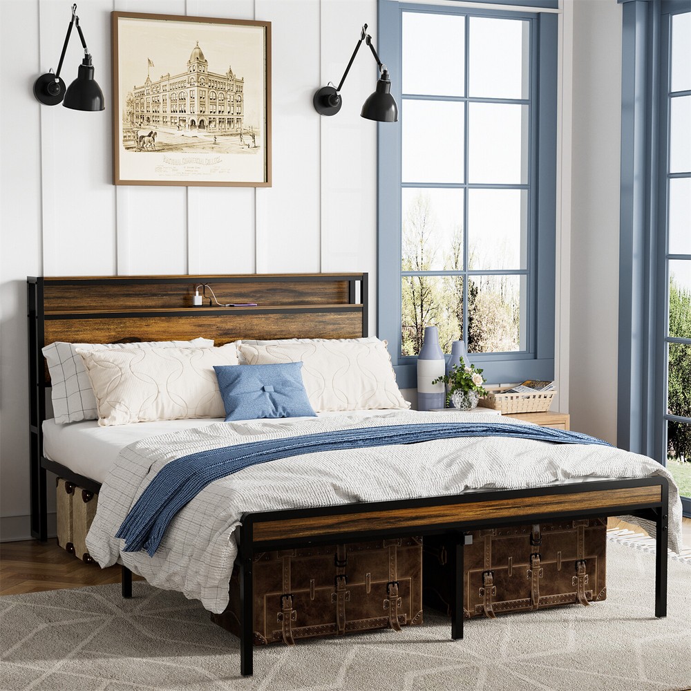 Queen Size Bed Frame Metal Platform Bed Frame w/ Storage Headboard & USB Ports