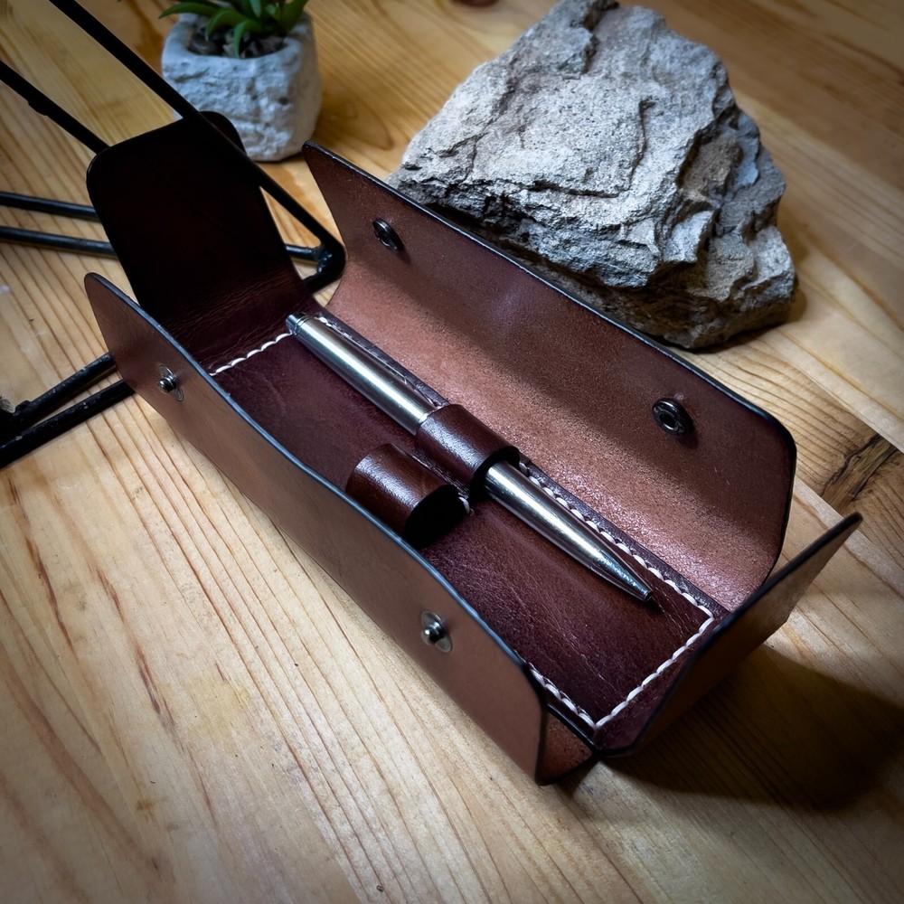 Leather brown pen and pencil case. Handmade.