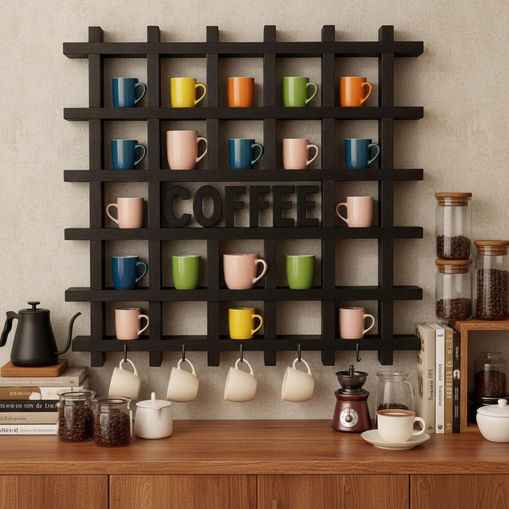 Oversize Coffee Mug Display Rack Wood Mug Display Shelf With Hooks Coffee Sig...