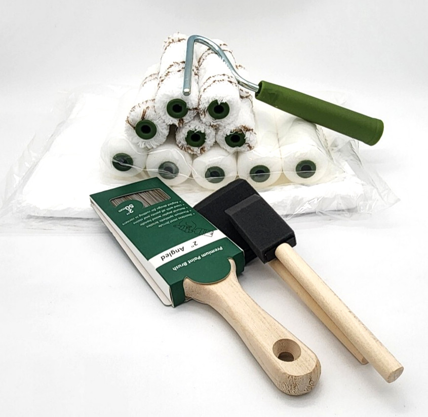 Small Paint Roller, Mini Roller 4 Inch Kit, 16 Pack, Green + BRUSH, LINER, BIN