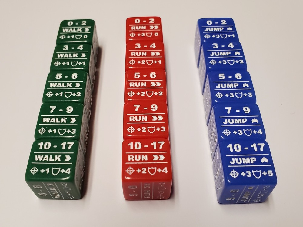 15x Battletech Movement Dice / Color Coded Walk Run Jump Movement Modifier Dice