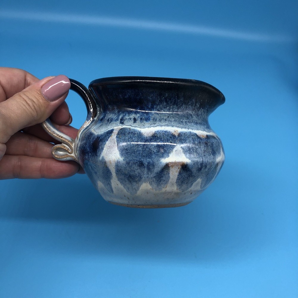 Studio Art Pottery Blue White Glaze Short Pitcher Butterfly Pattern