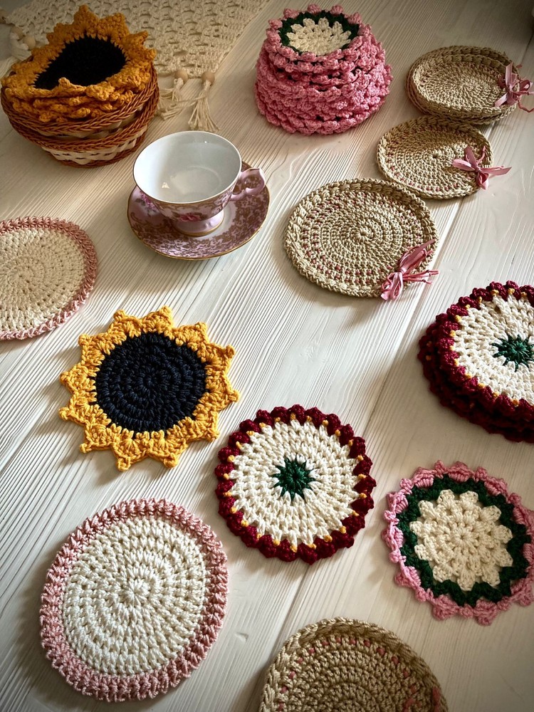 6 Coasters Coasters For Drinks 100% Cotton Multicolor Handmade Decor