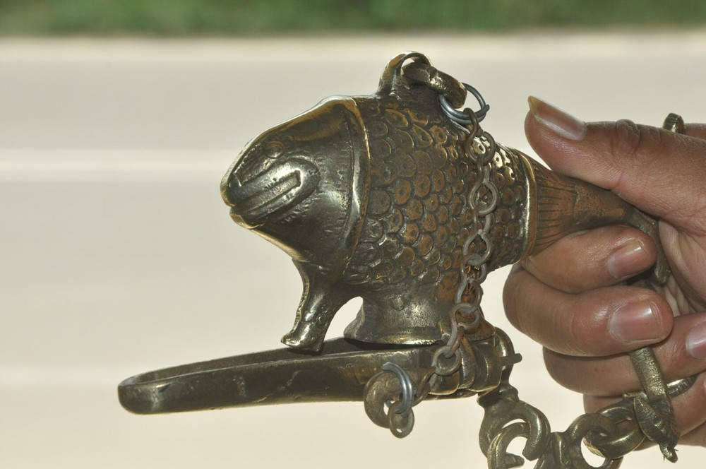 Vintage Brass Fish Shape Engraved Handcrafted Solid Hanging Oil Lamp