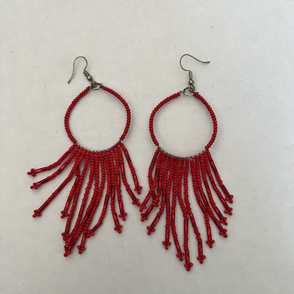 Red beaded dangling earrings HANDMADE