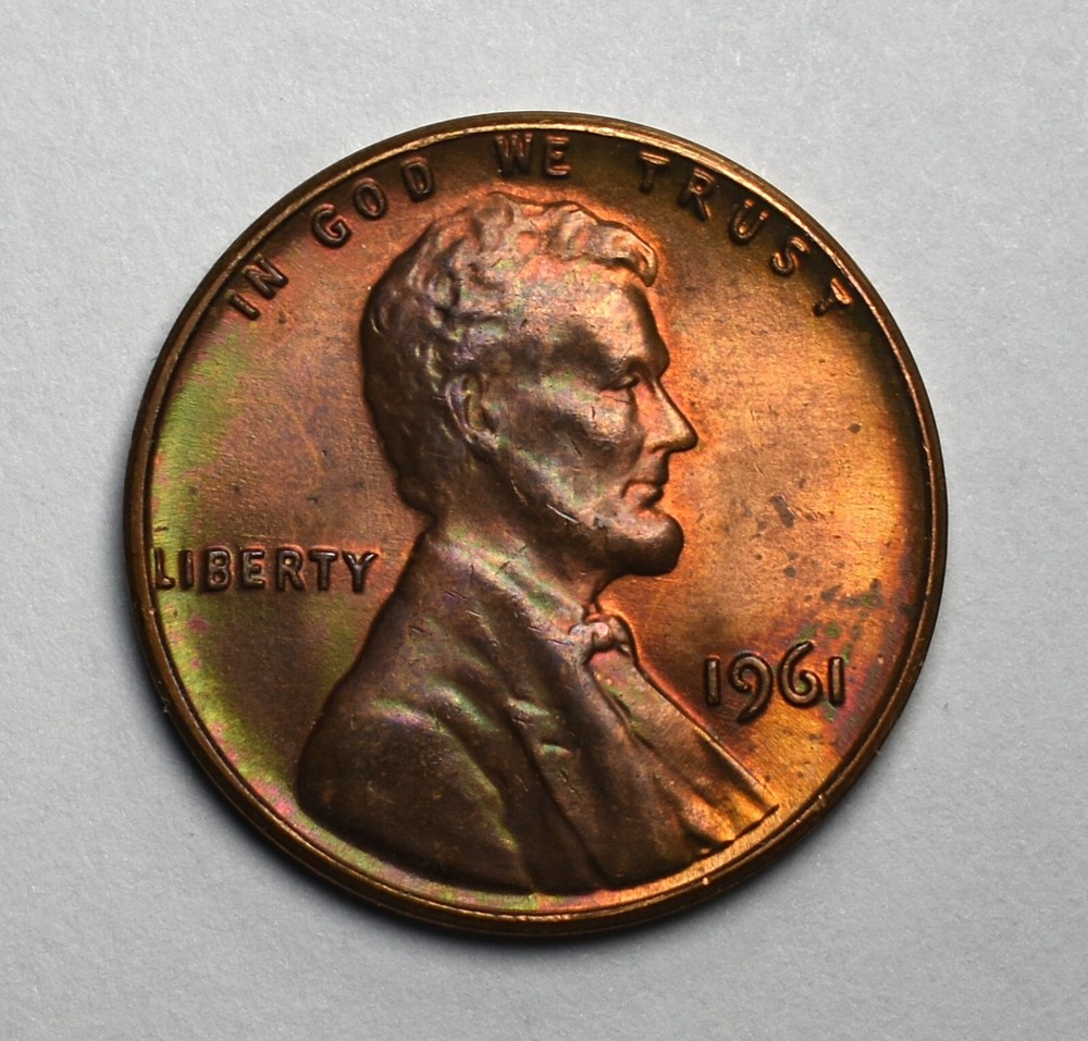 1961 Penny Red Rainbow Toning Coin MS Uncirculated