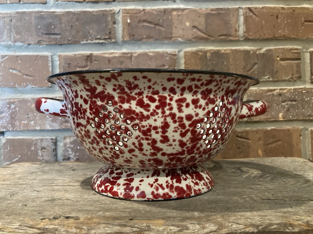 Vintage Dark Red Speckled Enameled Colander Strainer