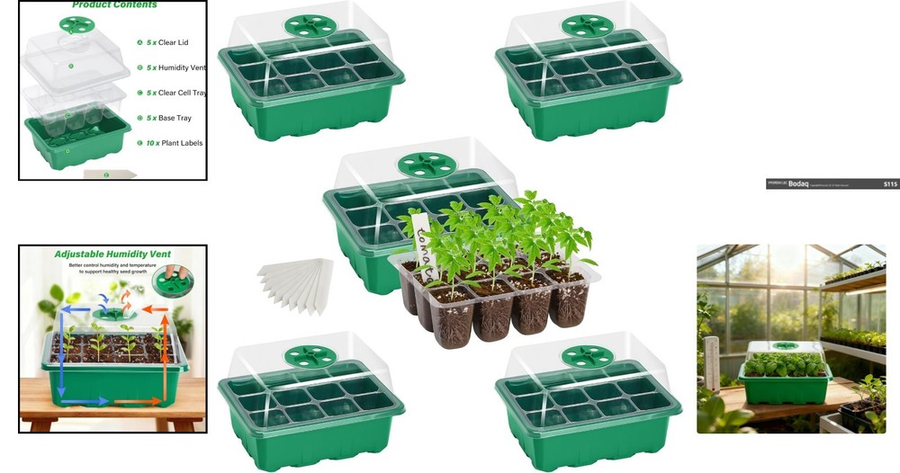 5-Pack Seed Starter Trays with Clear Lids & Plant Labels for Vegetables