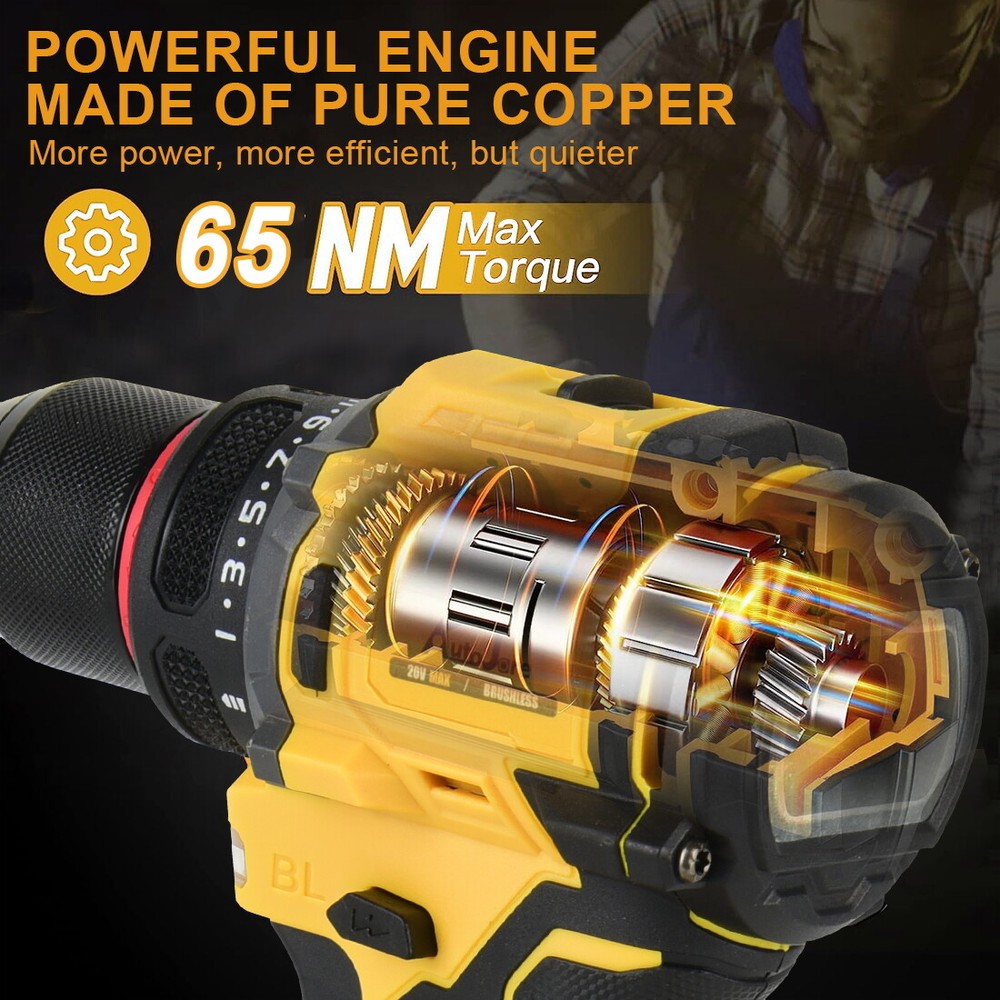 3/8" Cordless Drill Driver for Dewalt 20V Battery, Brushless Compact Drill Tool