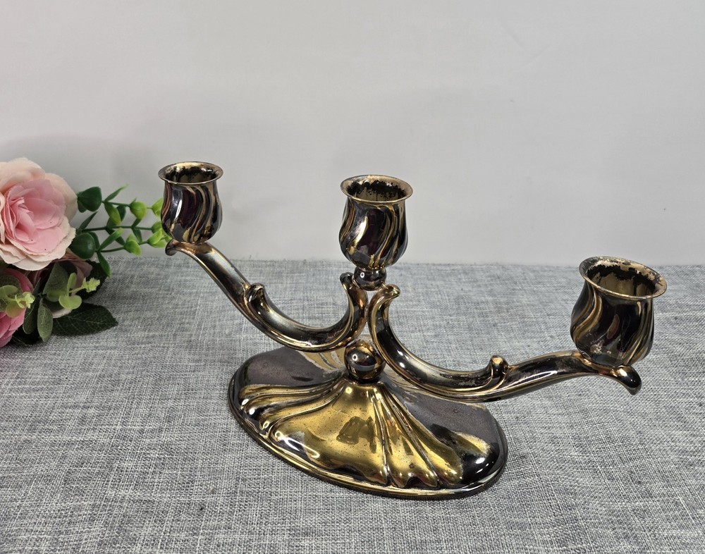 Midcentury Metal Gold Tone 3 arm Candelabra Candlestick