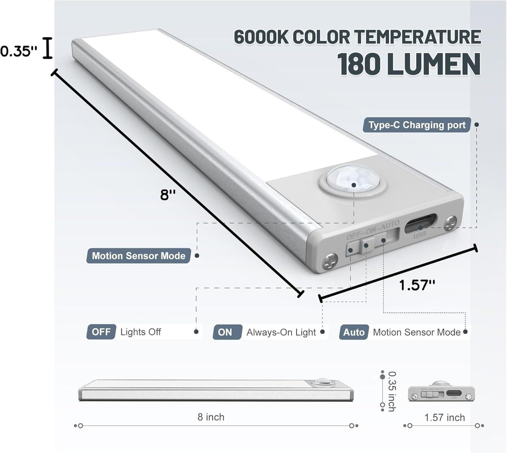 Rechargeable Motion Sensor Under Cabinet Lights, 6 Pack, 32 LED, Wireless
