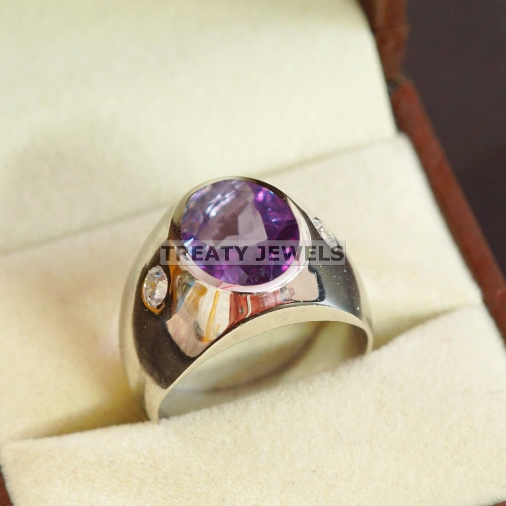 Alexandrite Oval Cut Gemstone With 14K Solid White Gold Ring For Men's #A608