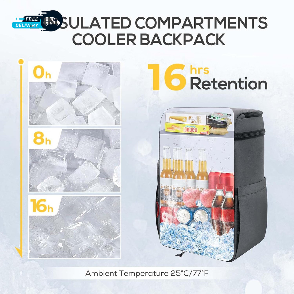 Insulated Backpack Cooler with 2 Compartments 30 Can Capacity Leakproof