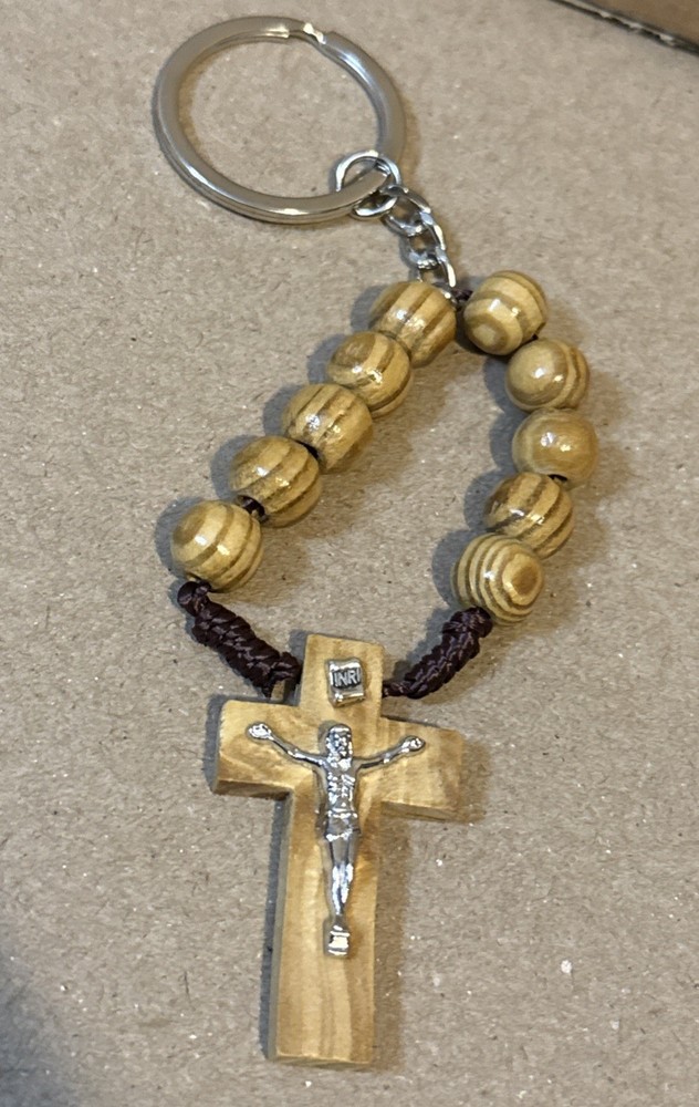 Keychain Crucifix Wood Cross & Beads 4”