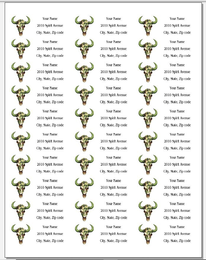 150 Longhorn Camo Skull Cow Return Address Labels Personalized Printed
