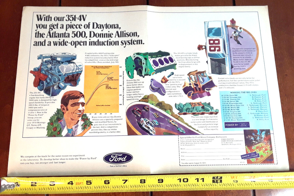 1970 FORD 351-4V ENGINE ORIGINAL 2 PAGE AD
