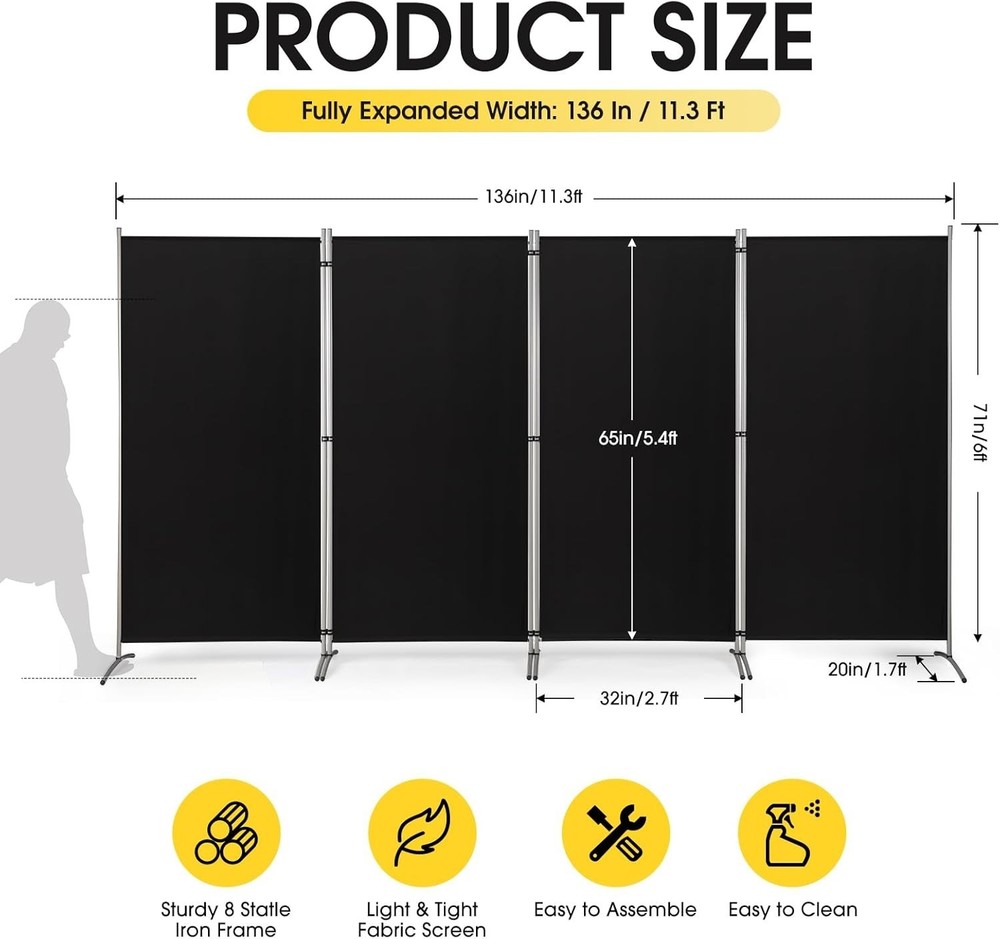 Foldable 4 Panel Freestanding Room Partition - Easy to Install Privacy Solution