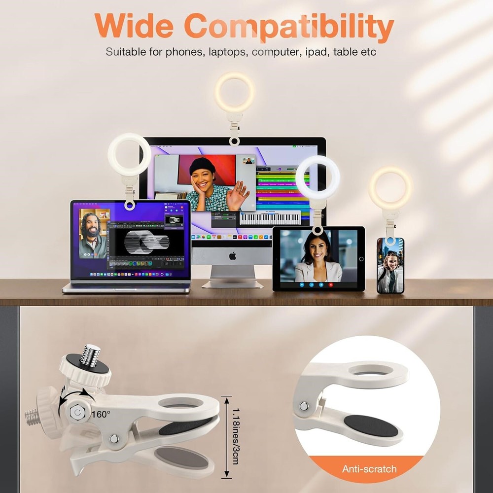 Video Conference Lighting Kit 600mAh Rechargeable, 4.5'' Computer Ring Light